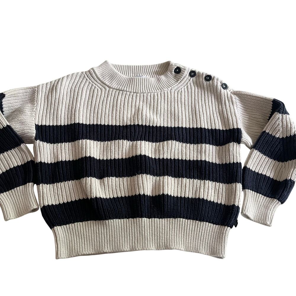 Petit Bateau Girls Ivory Striped Organic Cotton Sweater Button Shoulder Top sz 8